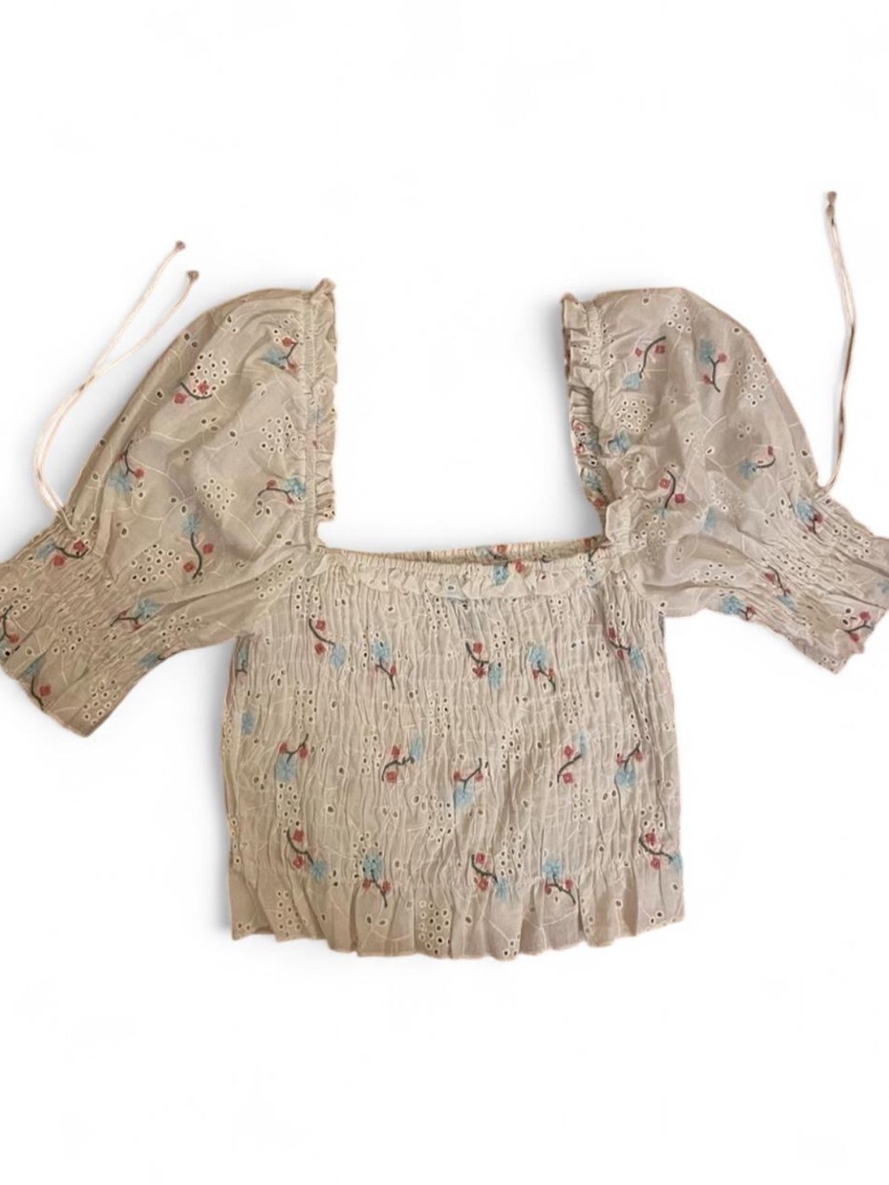 Doen inspired Beige Smocked Crop Top with Blue & Pink Floral